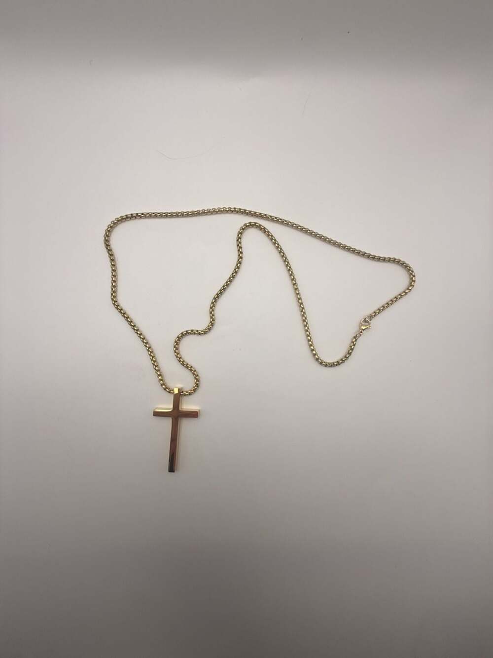 Gold-Tone Stainless Steel Beveled Cross Pendant with Box Chain Necklace